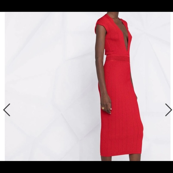 Red Balmain knit dress new, box, tag, tried on once in Saks. - Picture 3 of 5